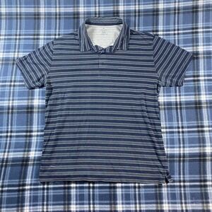 Fabletics Mens Striped Polo Shirt Navy Blue White Short Sleeve Cotton Blend L